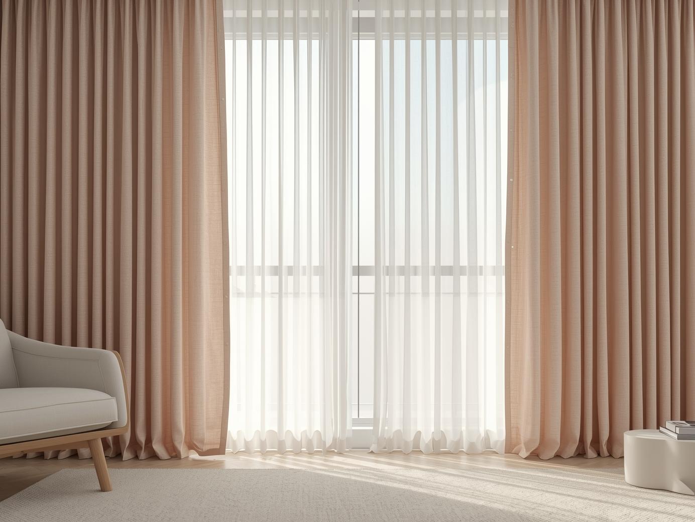 Layered curtains in a minimalist living room